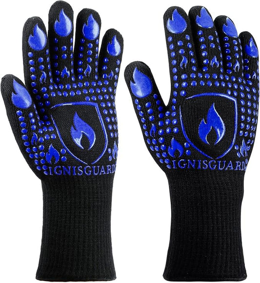 BBQ & Grill Gloves, Oven Gloves, 1472°F Silicone Oven Mitts Heat Resistant Grilling Gloves Fireproof Non-Slip for Barbecue Cooking Baking Smoking, 1-Pair (Blue, Large)