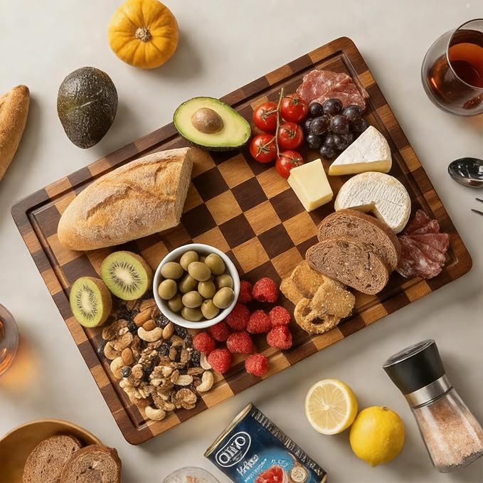Acacia Wood Cutting Boards for Kitchen, Checkered Chopping Board with Juice Grooves & Handles, Large Butcher Block Serving Tray with Non‑Slip Feet, 14" × 11" × 1.5"