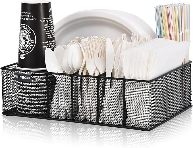 Paper Plate Organizer for Countertop, Black | Silverware Caddy with 6 Compartments for Cup, Napkin, Utensil Holder Caddy for Party, Camping, Picnic