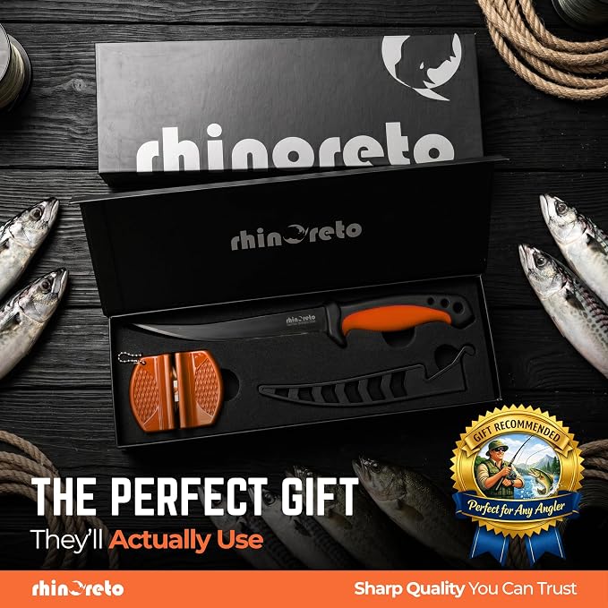 Rhinoreto Fillet Knife for Fish - Razor Sharp G4116 German Stainless Steel Blade, 6.5 Inch Professional Filleting & Boning Knife with Non-Slip Handle, Protective Sheath & Sharpener