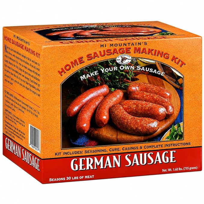 Hi Mountain GERMAN Sausage Kit | Makes 30 lbs | Complete sausage making kit with cure, natural hog casings & directions. Perfect for pork, beef, venison, deer, & elk