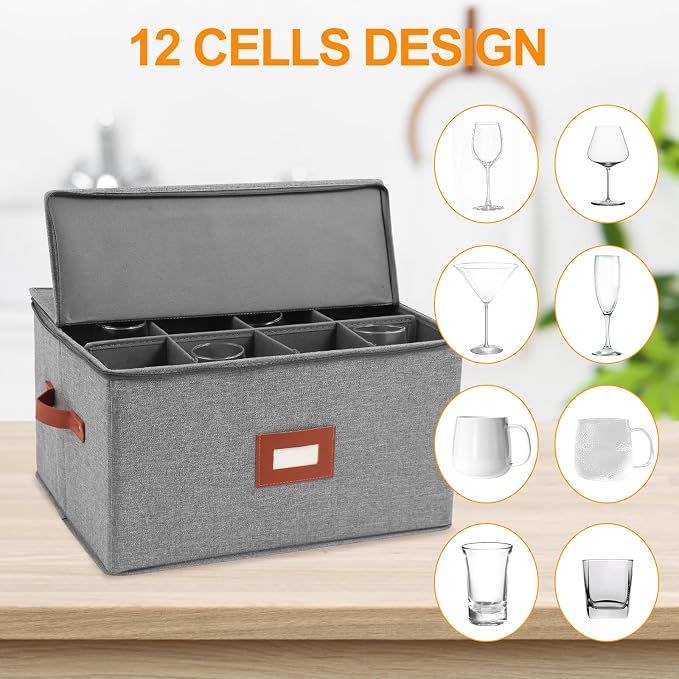 Wine Glass Storage Box with Dividers, Stemware Storage Containers for Glassware or Crystal, China Storage Containers Hard Shell, Moving Supplies, Hard Top, Sides and Stackable (2 Pack, Grey)