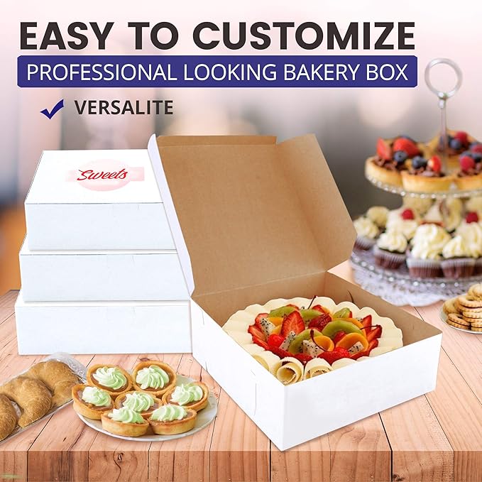 [25 Pack] Pastry Boxes - 7 x 7 x 3 Inches White Bakery Box for Cookies, Compostable Kraft Paper Cardboard for Baked Goods Packaging, Cake, Food, Donut, Cupcake, Candy, Bread, Bridesmaid Gift Box