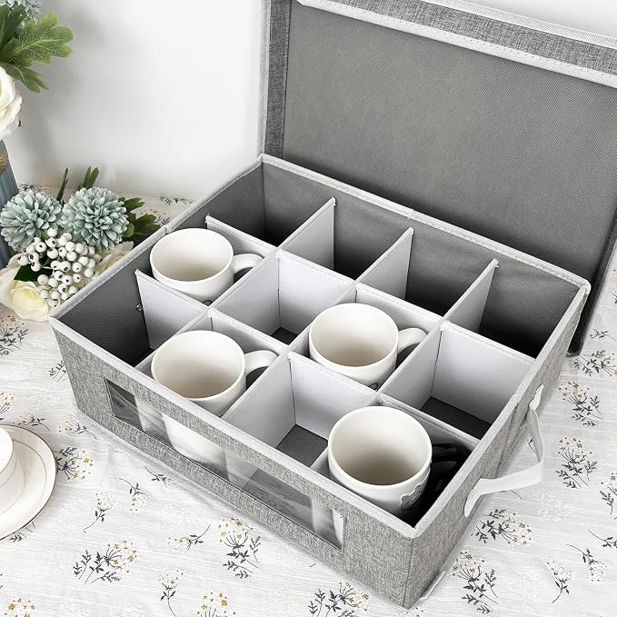 homyfort Mug Storage Box, China Storage Containers Organizer Hard Shell with Dividers for 12 Coffee Mugs, Tea Cup, Moving & Packing (Grey)