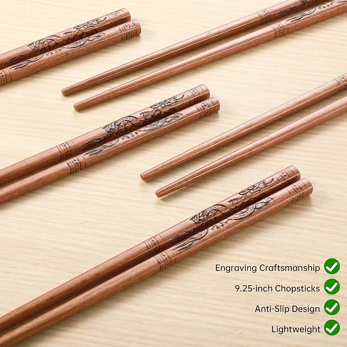 Reusable Chopsticks, Hand-Carved Dragon Design Wooden Chopstick, Chinese Chopsticks Reusable Dishwasher Safe, Chop Sticks Gift Sets - 4 Pairs