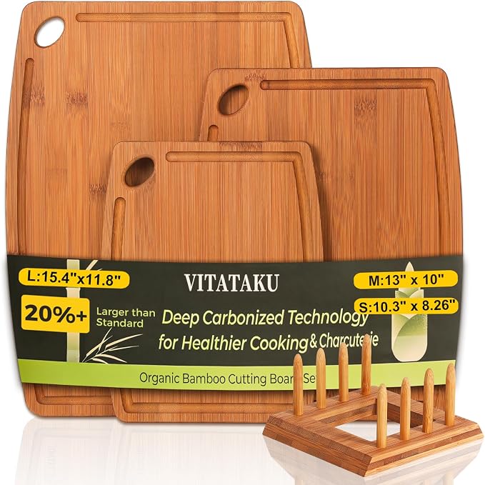 3-Piece Bamboo Cutting Boards for Kitchen with Wood Storage Stand | Reversible Charcuterie & Wooden Cutting Board Set with Juice Grooves and Easy-Grip Handles, Great Kitchen Gift