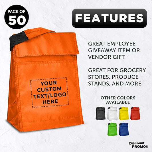 DISCOUNT PROMOS 50 Hook and Loop Insulated Lunch Bags Set - Customizable Text, Logo - Polyester, Durable, Vibrant, Reusable - Orange