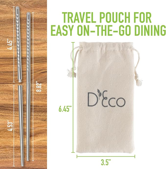 D'Eco Reusable Metal Chopsticks (8 Pairs)- Stainless Steel Twist Apart Silver Chopsticks & Travel Pouch- Lightweight, Durable, Dishwasher Safe- Great for Chinese Japanese Cuisine- On the Go Silverware