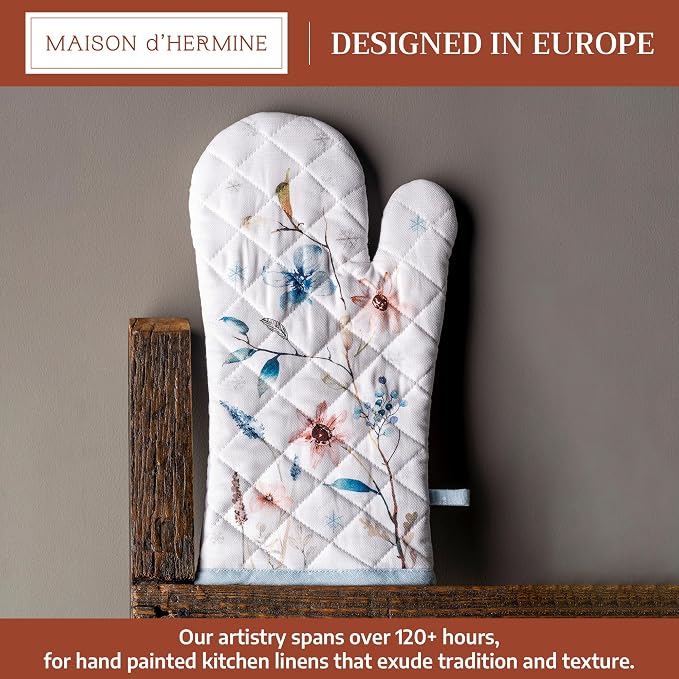 Maison d'Hermine Oven Gloves 100% Cotton Oven Mitt (7" x 13", Pack of 1) | With Loop Heat Resistant BBQ Cooking Gloves Baking Kitchen Handling Hot Pans Thanksgiving Christmas - Ice Florals