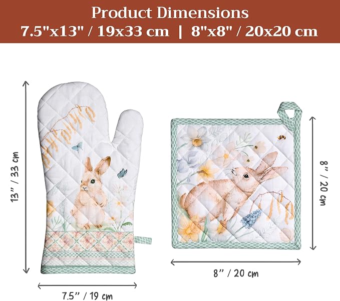 Maison d' Hermine 100% Cotton Oven Mitt & Pot Holder Set (7.5"x13" & 8"x8") | Heat Resistant BBQ Cooking Gloves with Loop Baking Grilling Kitchen Hotel Home Farmhouse Spring Summer - Easter Dew