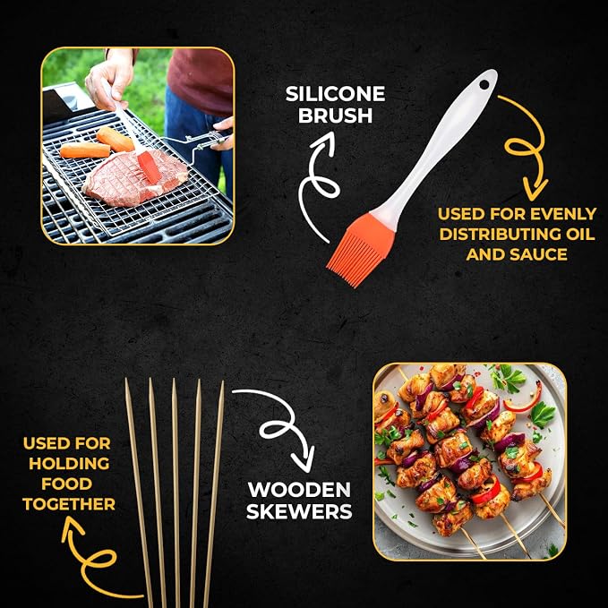 2 Set Fish Grill Baskets for Outdoor Grill Vegetables, Fish Grilling rack for Grill, BBQ Grilling Basket, Stainless steel Grill Basket for Veggies, shrimp Includes 50 skewers, Silicon Brush, and Carry Bag