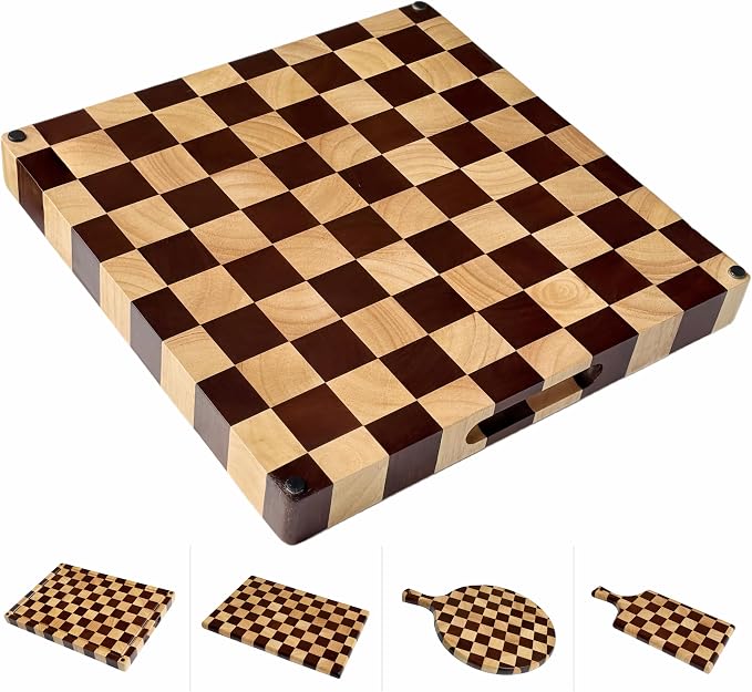 Checkered End Grain Butcher Block Cutting Board | 13" x 13" x 1.5" Thick | Acacia & Rubber Wood | Reversible | Heavy Duty Food Prep & Serving