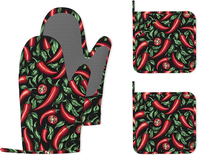 Red Chili Peppers Silicone Oven Mitts and Pot Holders,Heat-Resistant 4 Piece Kitchen Set Non-Slip Oven Gloves and Hot Pads for Cooking, Baking, Grilling,BBQ