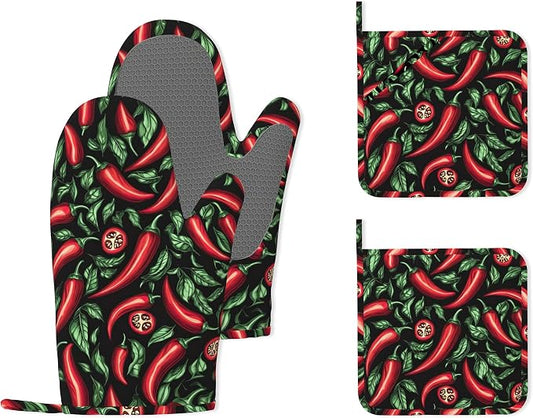 Red Chili Peppers Silicone Oven Mitts and Pot Holders,Heat-Resistant 4 Piece Kitchen Set Non-Slip Oven Gloves and Hot Pads for Cooking, Baking, Grilling,BBQ