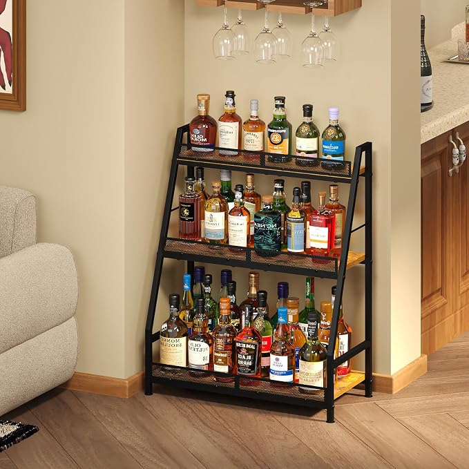 Hayexiha 3-Tier Expanded Liquor Stand, Freestanding Trapezoid Wine Rack | 40+Bottle Capacity: 24.8-inch-wide wood-and-steel stand has stepped shelves, safety fencing and adjustable feet.
