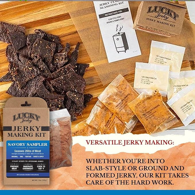 Lucky Jerky Ultimate Savory DIY Beef Jerky Seasoning and Cure Kit, 12 Oz | Make Your Own with Original, BBQ, Teriyaki, and Sweet & Spicy, Seasons 5 lbs per Flavor, 20 lbs Total