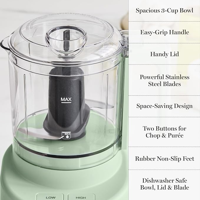 Martha Stewart 3 Cup Electric Vegetable Chopper & Mini Food Processor, Sage | 24oz BPA-Free Bowl, Stainless Steel Blades, Pour Spout, Dice, Puree, Mince, Chop Vegetables & Herbs, Dishwasher-Safe Parts
