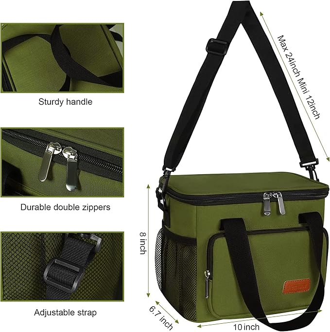 Lunch Bags for Women/Men, Insulated Lunch Bag for Work Office Picnic - Large Lunch Cooler Bag Leakproof Lunch Box with Adjustable Shoulder Strap for Adults - Army Green
