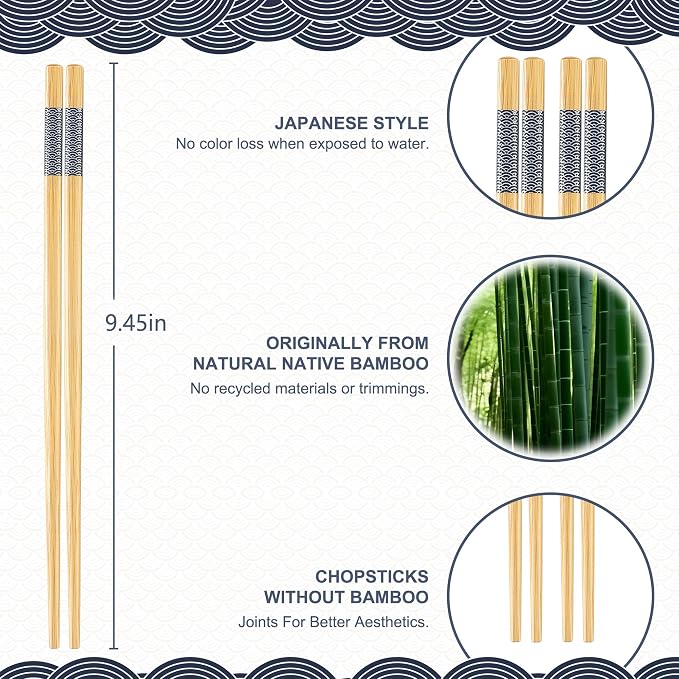 Bamboo Chopsticks Reusable 20Pairs | Eating | Non slip | Chinese -（9.45in）