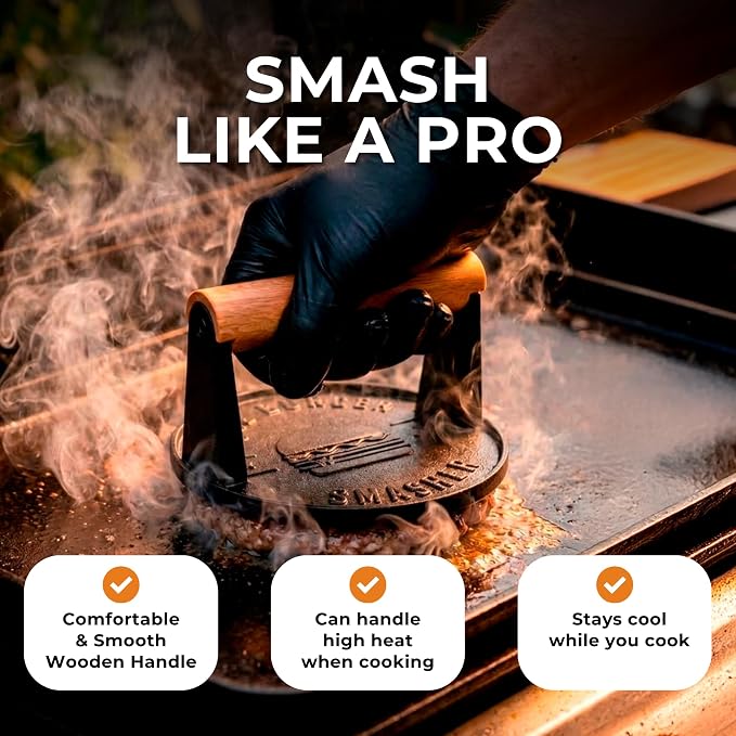The Burger Smasher™ Pre-Seasoned Heavy Duty Cast Iron Smash Burger Press Kit - Heat Resistant Burger Smasher for Griddle, Food, Chef, Meat & Cooking Press, Hamburger Smasher - 30 Patty Paper