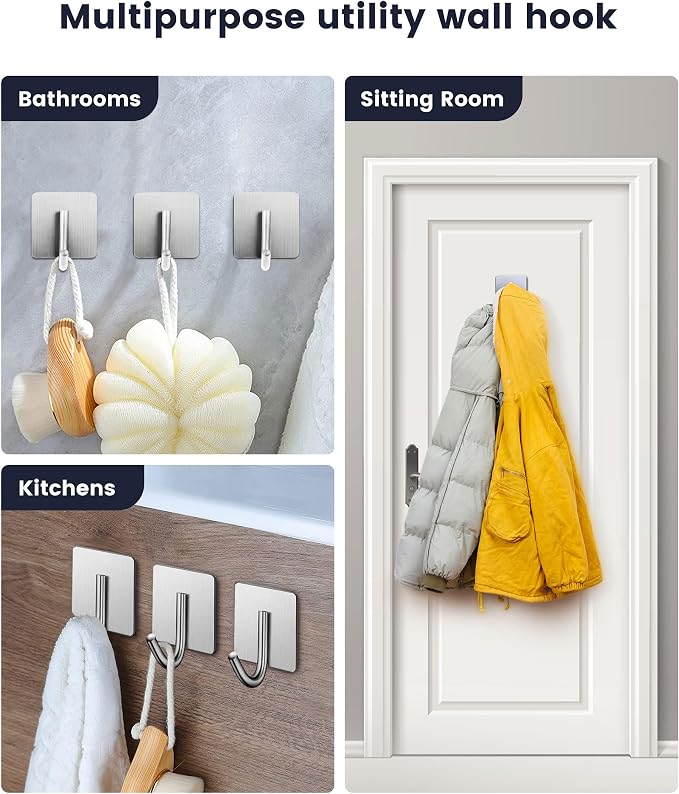 xdgeLoad Adhesive Hooks, 16 Pack Towel Hooks Wall Hooks for Hanging, Stick on Hooks, Adhesive Towel Hooks for Bathroom Door Hanger Kitchen Closet Cabinet Stainless Steel-Brushed Nickel