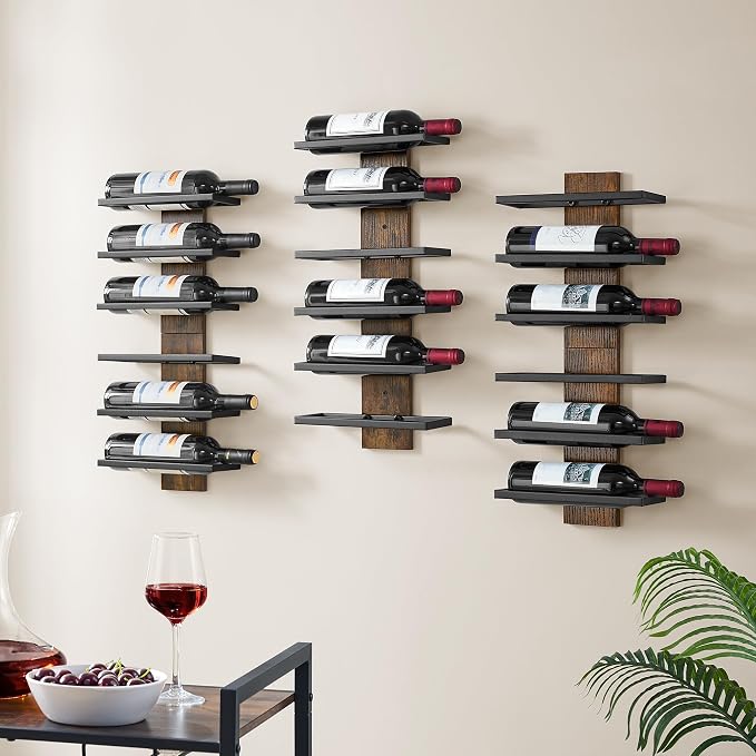 Hoctieon 3-Set 6 Tier Wall Mount Wine Rack, Wall Mounted Wine Bottle Racks for Display and Storage, Hanging Bottle Holder, for Living Room, Dining Room, Bar, Wine Cellar, Rustic Brown