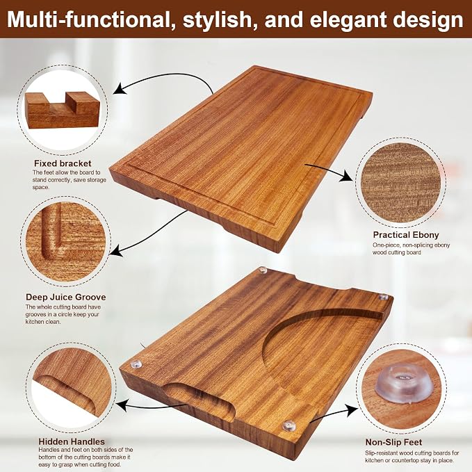 Wooden Cutting Boards For Kitchen Real Solid Sapele Wood Chopping Board One Piece Thick Hard No Glue Non Toxic With Juice Groove And Stand All Whole Single Wood Butcher Block (18 * 12 * 1.2Inch)