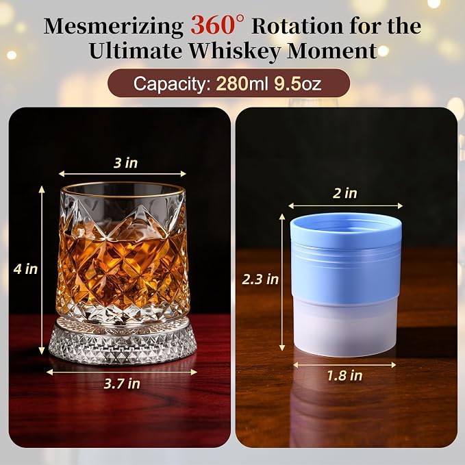 GuGen Spinning Whiskey Glasses, Rotating Old Fashioned Rocks Glasses, 9.5oz Lead-Free Clear Bourbon Scotch Liquor Cocktail Glasses with Ice Ball Molds, Set of 4 for Home Bar Party Whiskey Lovers Gift