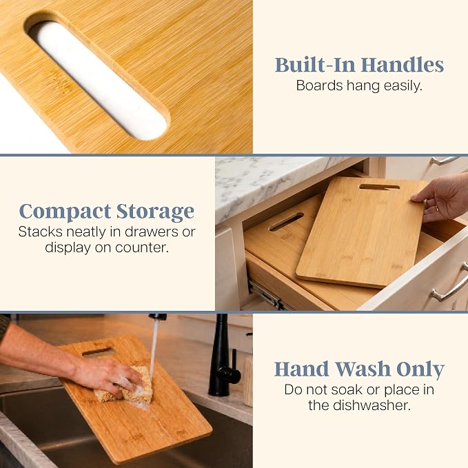 Totally Bamboo Cutting Board Set, 2 Reversible Cutting Boards for Kitchen | Large and medium wood chopping boards. Everyday prep for produce, meat, fish and poultry. Built-in handle holes for storage.