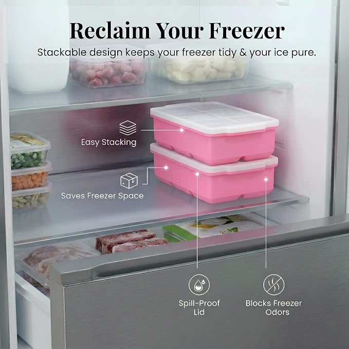 KitchFort® Large Silicone Ice Cube Tray (2-Pack), Easy Release 2" Big Ice Cubes - Cocktail, Whiskey Ice Cubes Mold - Ice Trays for Freezer with Lid - Stackable Silicone Ice Tray - Pink