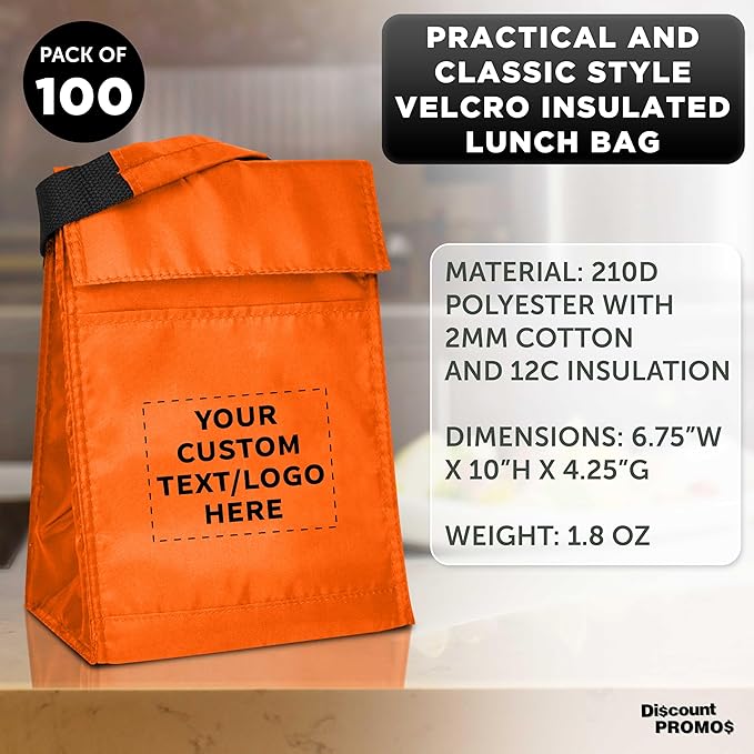DISCOUNT PROMOS 100 Hook and Loop Insulated Lunch Bags Set - Customizable Text, Logo - Polyester, Durable, Vibrant, Reusable - Orange
