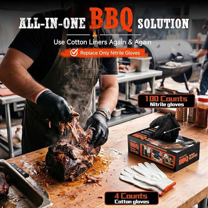ANBOSON BBQ Gloves,Disposable BBQ Gloves Heat Resistant Cooking | 50 Disposable Nitrile Gloves with 2 Reusable Cotton Liners, Powder Free, Latex Free for Smoking,Grilling,Cooking,Food Prep