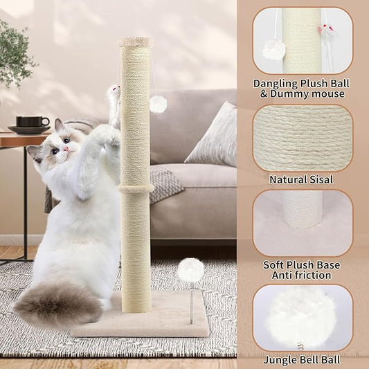 36 Inch Tall Cat Sisal Scratching Post for Indoor Cats, Beige | Natural Sisal, Sturdy Base, Interactive Toys, Full Stretch, Furniture Scratching Redirect, For Kittens and Adult Cats