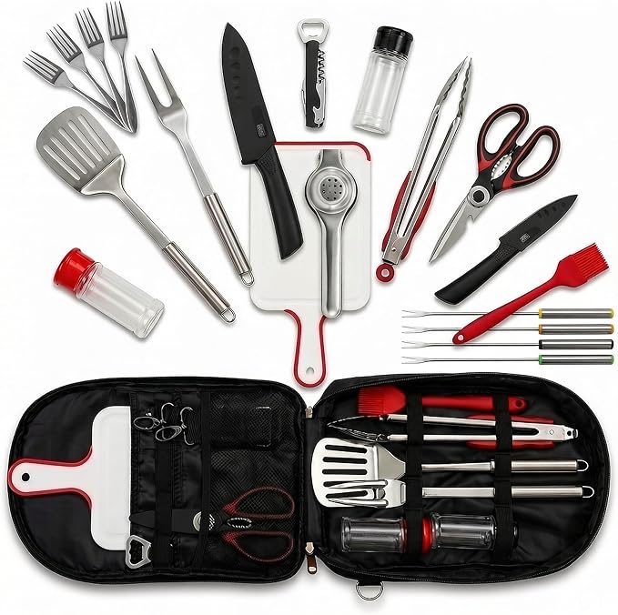 23 Pcs Camping Cooking Utensil Set, Camp Kitchen Set with Organizer Bag, Stainless Steel Outdoor Cooking and Grilling Utensil Organizer for Travel, Picnics, Camping, BBQs, Parties