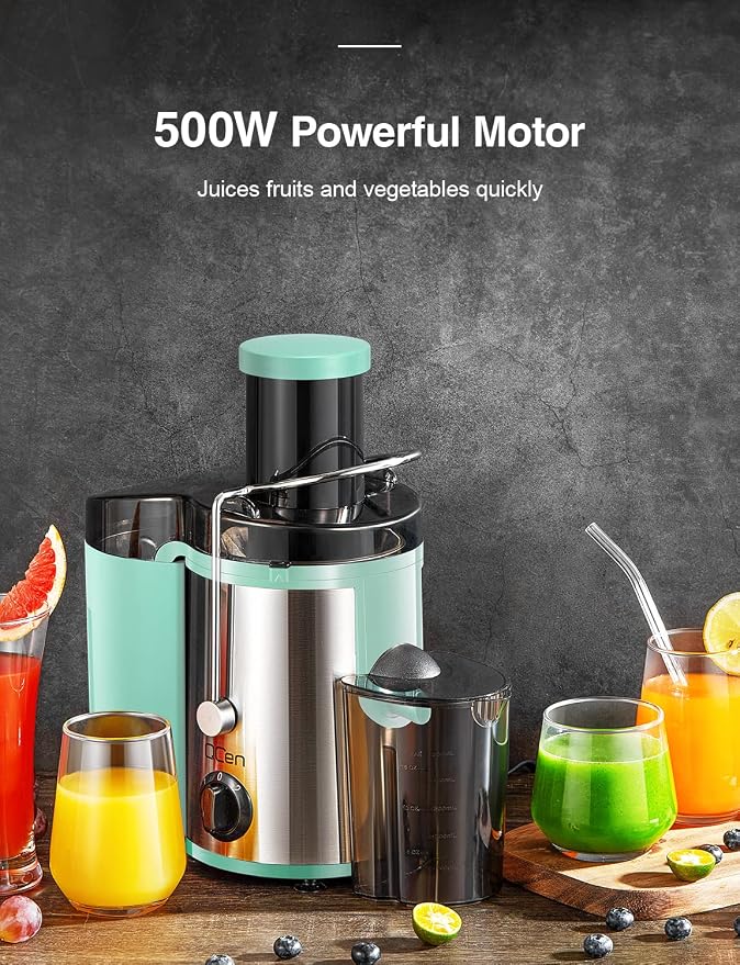 QCen Juicer Machine 500W Centrifugal Juicer with Extra Wide Feed Chute | For Fruits And Vegetables, Stainless Steel, BPA-Free Parts, Easy To Clean, Aqua, Compact Countertop Juicer