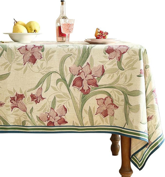 patdrea Designer Linen Green Rectangle Tablecloth,Framhouse Violets Pattern Floral Extra Long Tablecloths,Table Cover Decor for Kitchen Dining Christmas,Thanksgiving,Tea Party,63"x110"-Tara a