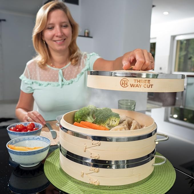 Bamboo Steamer Basket 10 Inch - Dumpling Steamer Basket 2 Tier with Steel Rims, Handles, Lid & Accessories, Bamboo Steamers For Cooking Steam Bao Bun Dim Sum Potsticker Veg, 10" Food Steaming Baskets
