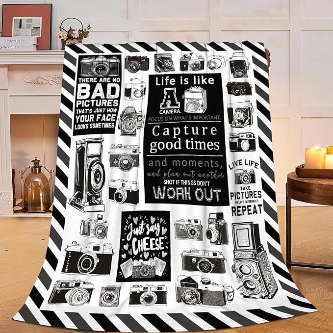 Yibuda Retro Camera Blanket Photography Flannel Plush Throw Blanket Cozy Black White Decor Fleece Stuff Blanket Gifts for Lover Girls Boys Kids Adults Women Bed Travel 50"x60"