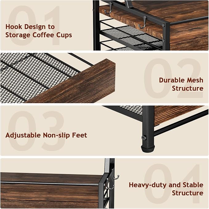 Homsorout Coffee Syrup Rack Organizer - 4-Tier 8 Syrup Wine Bottles Stand with 82 Storage Drawer for K Cups, Coffee Pod Holder for Countertop, Bar Station, Kitchen, Rustic Brown