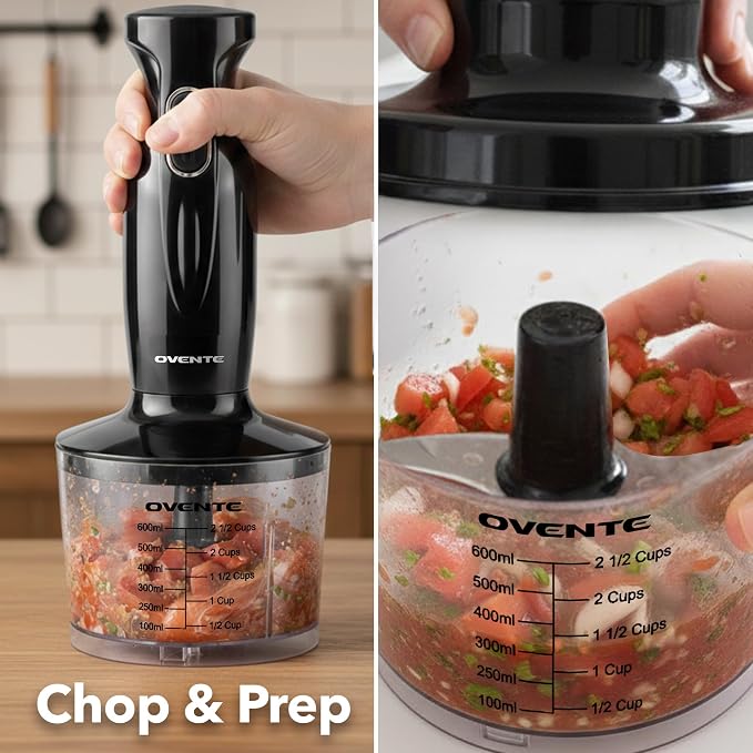 OVENTE Electric Hand Blender Set with 2 Mixing Speeds, 300W Black HS565B | Corded Immersion Handheld Stick Mixer with Stainless Steel Blades, Egg Whisk, Beaker & BPA-Free Food Chopper