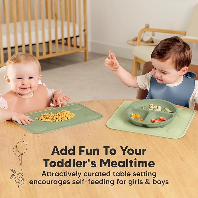 KeaBabies 2pk Silicone Placemats for Toddlers, Kids, Baby, 12x9 (Sage, S) | Non Slip Suction Silicone Placemat for Restaurants, Dining Table,Travel, Easy to Clean, Food Grade/BPA-Free, Small Table Mat