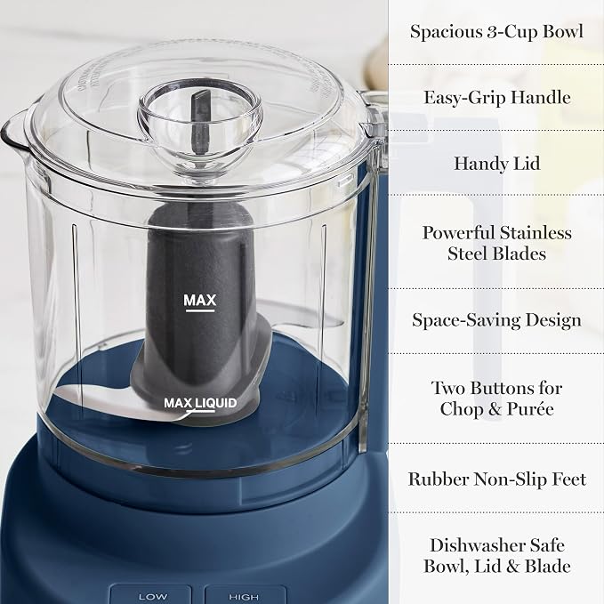 Martha Stewart 3 Cup Electric Vegetable Chopper, Mini Food Processor, Navy | 24oz BPA-Free Bowl, Stainless Steel Blades, Pour Spout, Dice, Puree, Mince, Chop Vegetables & Herbs, Dishwasher-Safe Parts