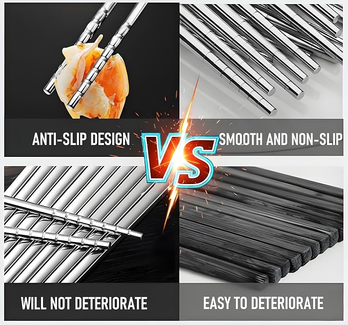 Metal Chopsticks with Training Chopstick Helpers - 18/8 Premium Reusable Non-Slip & Lightweight 9 1/4 Inch Stainless Steel Chopsticks, Dishwasher Safe, Furniture Kitchen Premium Gift Set (Silver)