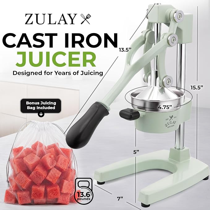 Zulay Kitchen Cast Iron Juicer - Heavy Duty Manual Juicer with Detachable Strainers for Easy Cleaning, Orange Juice Press for Citrus Fruits, Perfect for Bartenders, Juice Lovers & Health Enthusiasts