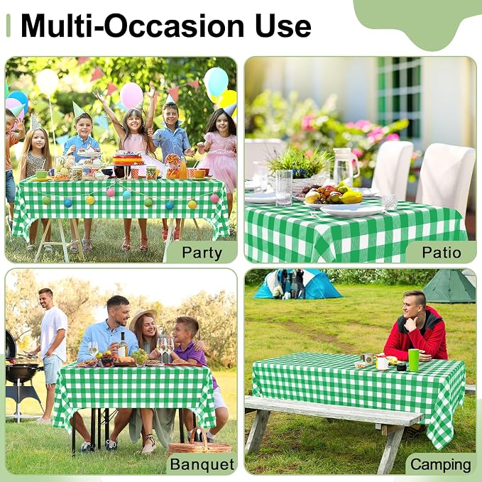 6 Packs Buffalo Disposable Table Cloth, 54 x 108 Inch Waterproof Plastic Tablecloth, Rectangle Green and White Checkered Table Covers for Picnic, Birthday, Party, Back to School