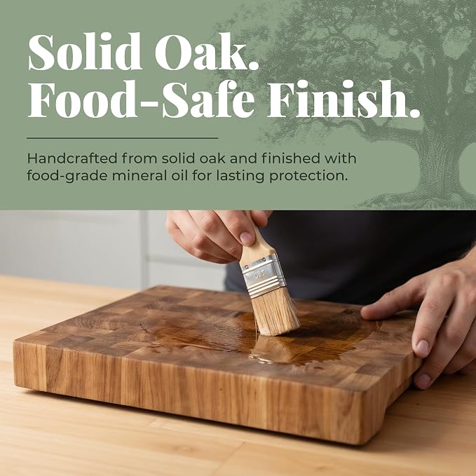 End Grain 10"x7.5" European Oak Wood Cutting Board with Non-Slip Feet & Handles, Charcuterie Board, Knife-Friendly, Serving Chopping Board for Kitchen