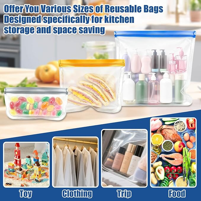 20Pack Dishwasher Safe Reusable Bags, 3Size Leakproof Reusable Silicone Freezer Bags Food Storage Containers for Meal Prep Containers, Lunch Sandwich Bag for Salad Fruit, Vegetables, Home Organization