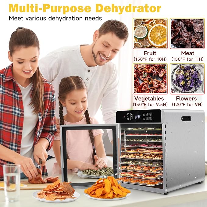 SUCISENI Food Dehydrator for Jerky, 10 Stainless Steel Trays 9ft² Dehydrator Machine, 1000W Dehydrator with 24H Timer 195℉ Temperature Control for Meat, Fruits, Veggies, Dog Treats