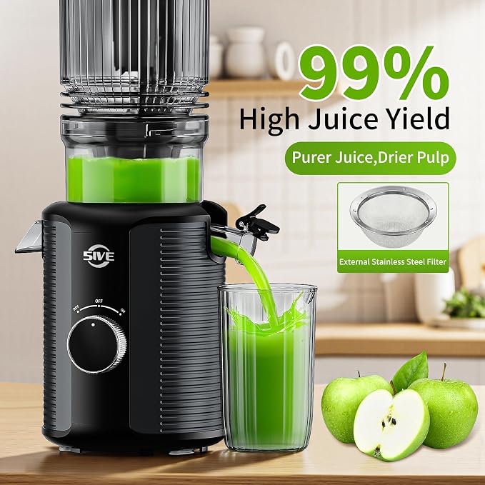 5ive Cold Press Juicer, 5.1 Inch Wide Chute Slow Masticating Extractor | 1.7 L Slow Juice Extractor for Whole Fruits Veggies, Easy Clean Electric Maker with Recipe Guide, Rate of 99% juice