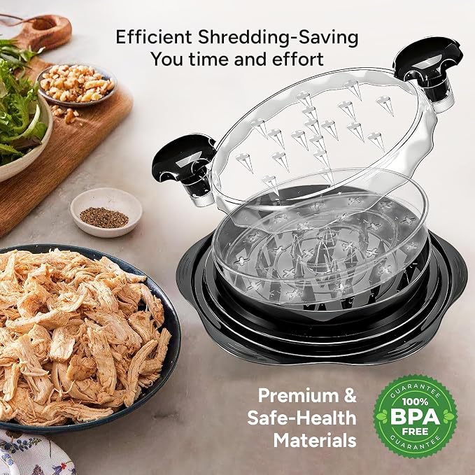 Large Chicken Shredder Tool Twist 10" Pro Visible Meat Shredders Twist for Chicken Breast Ergonomic Handle with Removable Tray, Anti-Slip Base Meat Grinder for Chicken, Pork, Beef & Fish – Black
